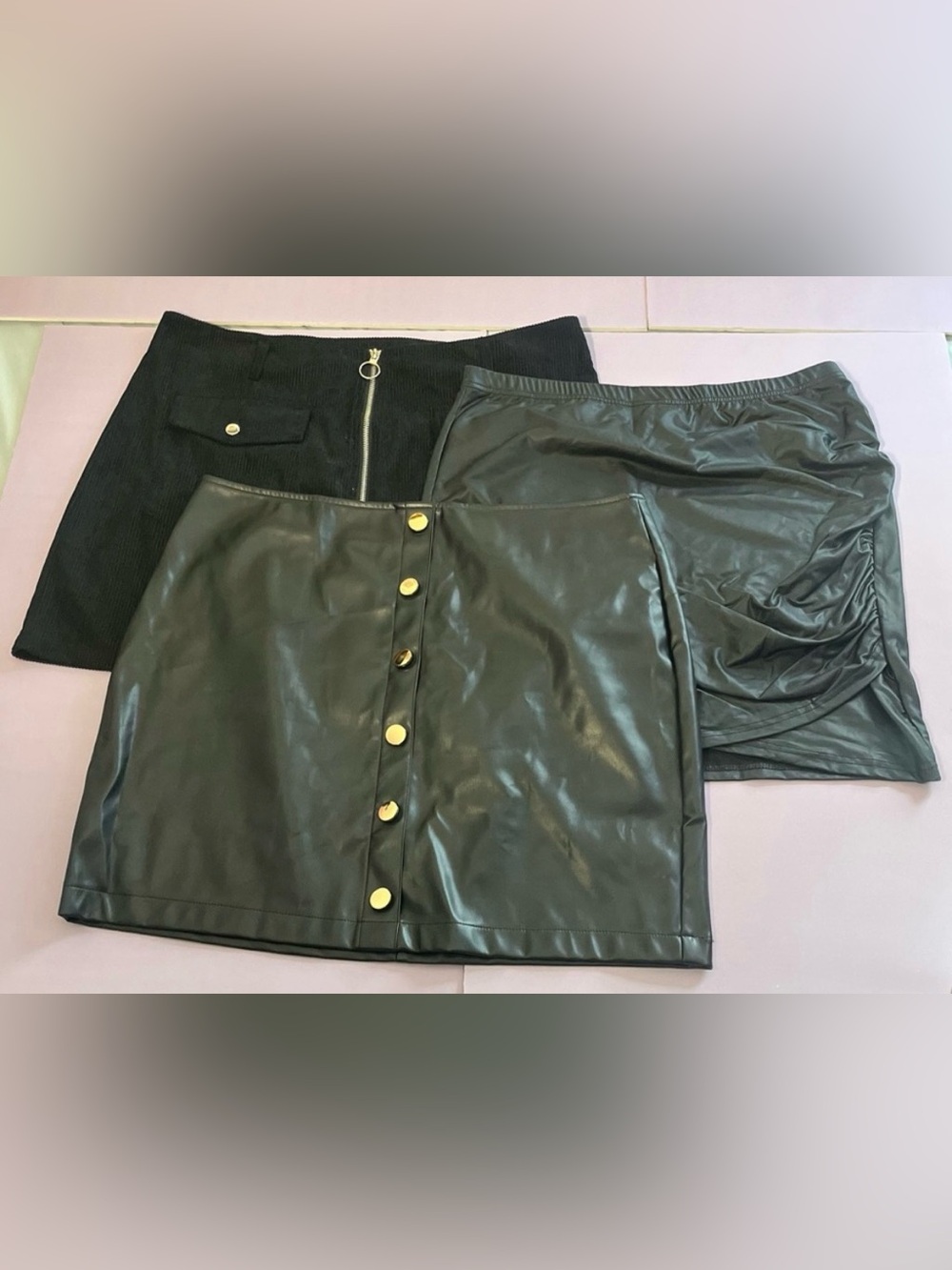 SHEIN 1XL Mini Skirt Bundle Set of 3 Black Ruched Corduroy High Waist Flattering